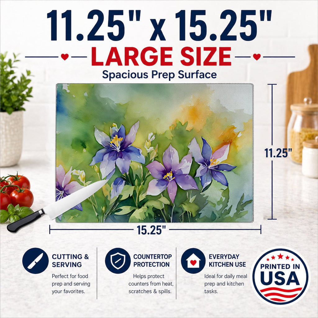 Colorado Rocky Mountain Columbine in Watercolor Cutting Board Tempered Glass Kitchen Cutting Surface, Heat Resistant Chopping, Non-Slip Feet, Food Prep & Serving