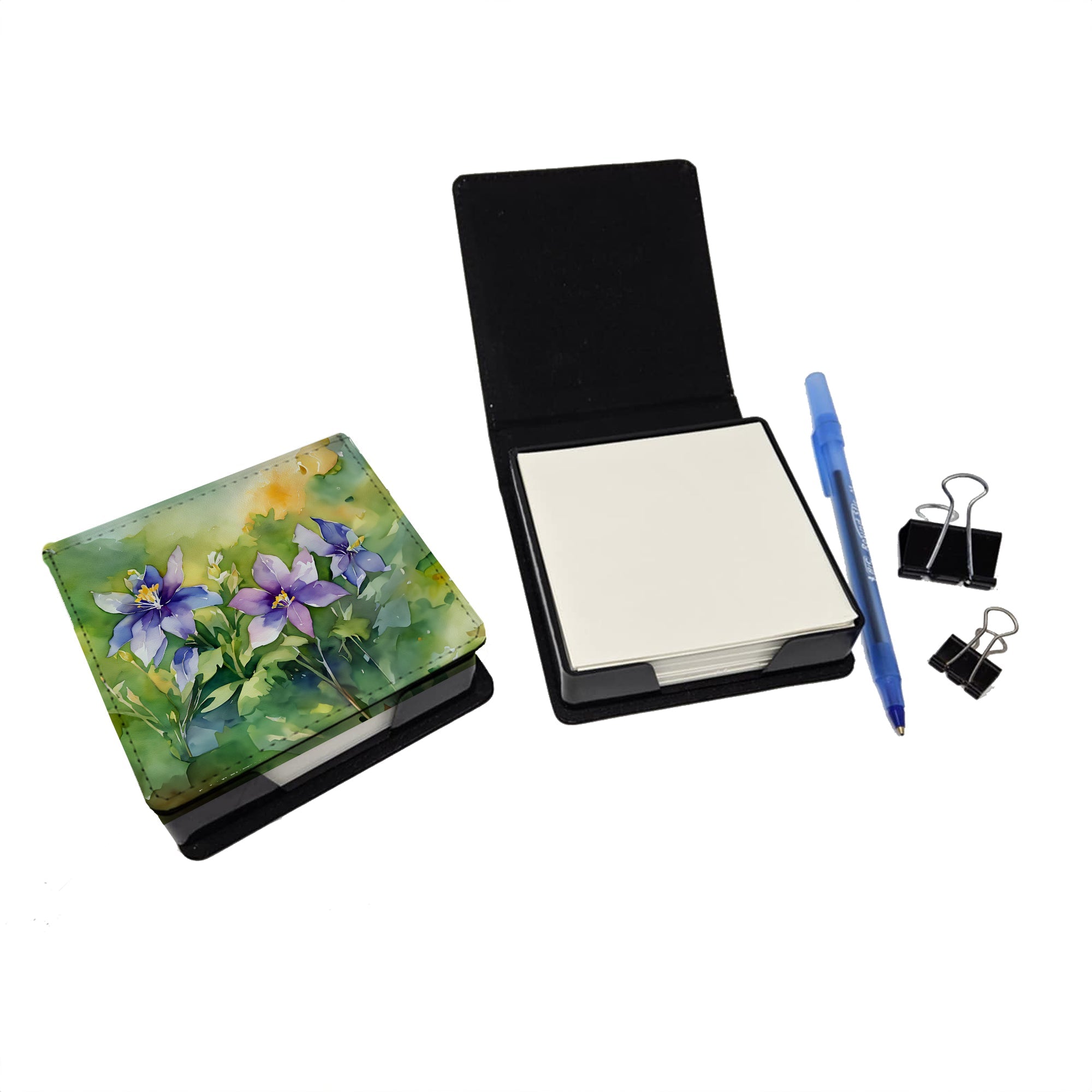 Colorado Rocky Mountain Columbine in Watercolor PU Leather Note Paper Holder with Artist-Designed Cover, Desk Accessory, Office Gift