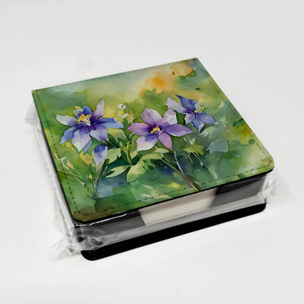 Colorado Rocky Mountain Columbine in Watercolor PU Leather Note Paper Holder with Artist-Designed Cover, Desk Accessory, Office Gift