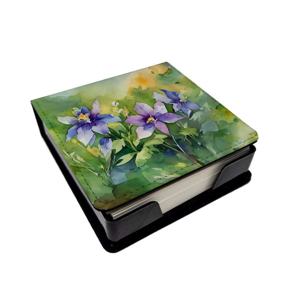 Colorado Rocky Mountain Columbine in Watercolor PU Leather Note Paper Holder with Artist-Designed Cover, Desk Accessory, Office Gift
