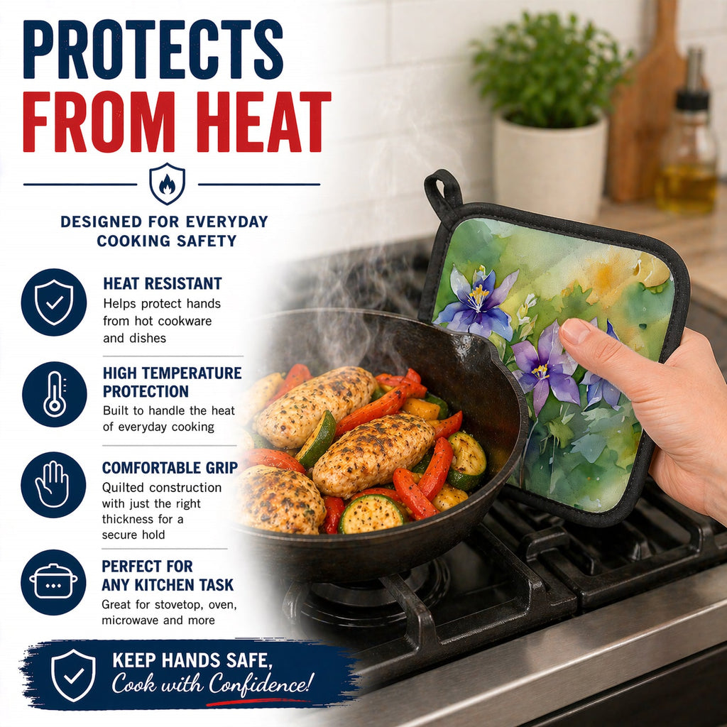 Colorado Rocky Mountain Columbine in Watercolor Pot Holder Set of 2 Heat Resistant Quilted Hot Pads 7.5 x 7.5 Inch, Insulated Kitchen Trivets for Cooking & Baking