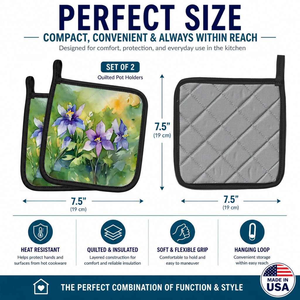 Colorado Rocky Mountain Columbine in Watercolor Pot Holder Set of 2 Heat Resistant Quilted Hot Pads 7.5 x 7.5 Inch, Insulated Kitchen Trivets for Cooking & Baking