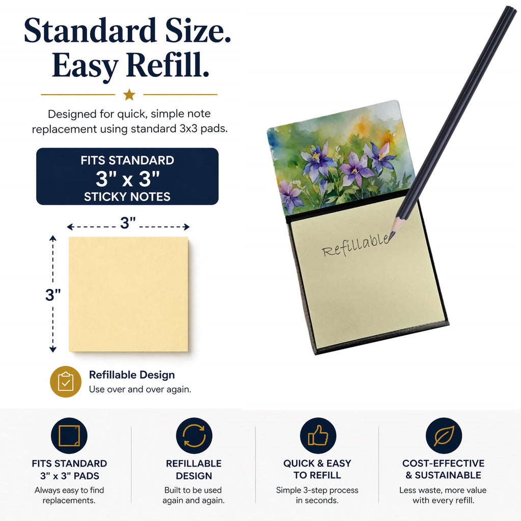 Colorado Rocky Mountain Columbine in Watercolor Watercolor Sticky Note Holder Refillable Dispenser Desk Accessory 3x3 Pad Gift