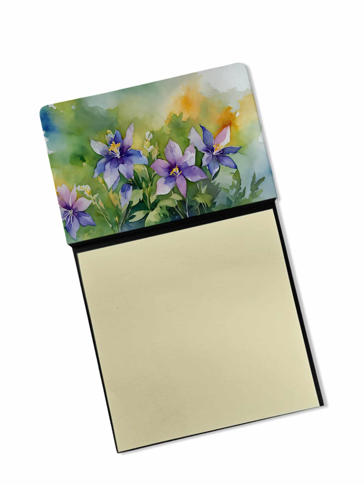 Colorado Rocky Mountain Columbine in Watercolor Watercolor Sticky Note Holder Refillable Dispenser Desk Accessory 3x3 Pad Gift