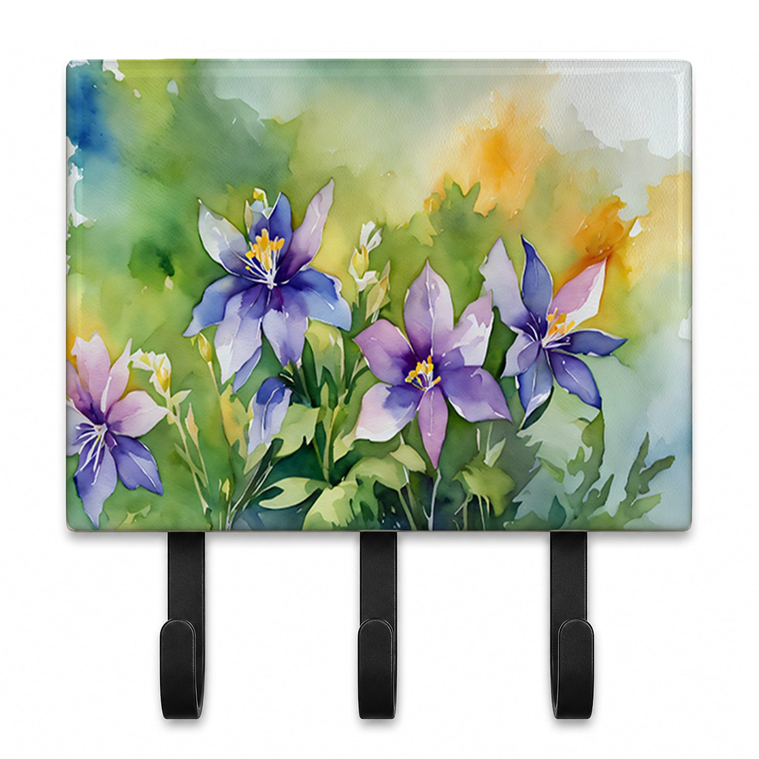 Colorado Rocky Mountain Columbine in Watercolor Leash or Key Holder Wall Hooks, Coat Rack Wall Mount, for Hanging Keys, Towels, Aprons, Leashes