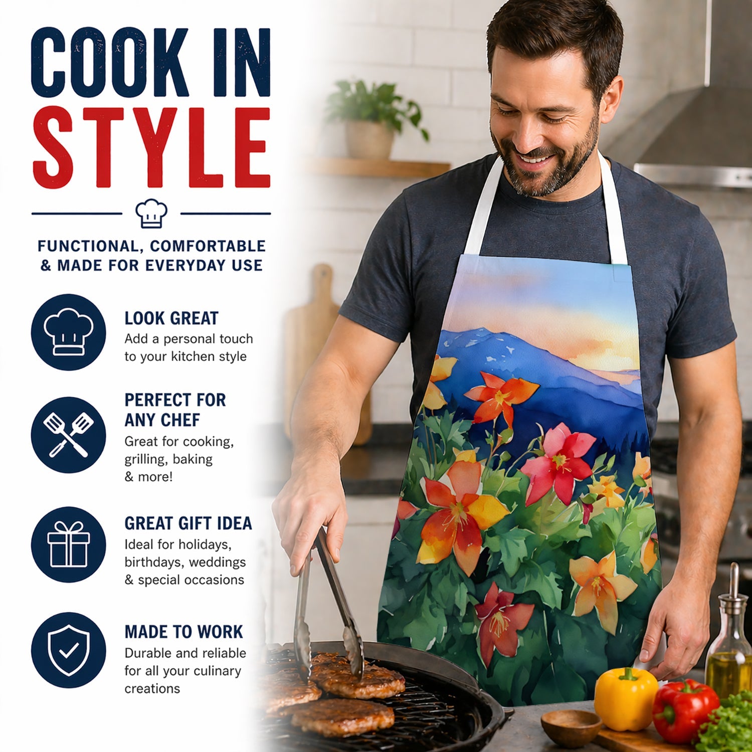 Colorado Rocky Mountain Columbine in Watercolor Apron Cooking Kitchen Server Baking Crafts Gardening for Adult Women Men, Unisex, Large, Multicolor