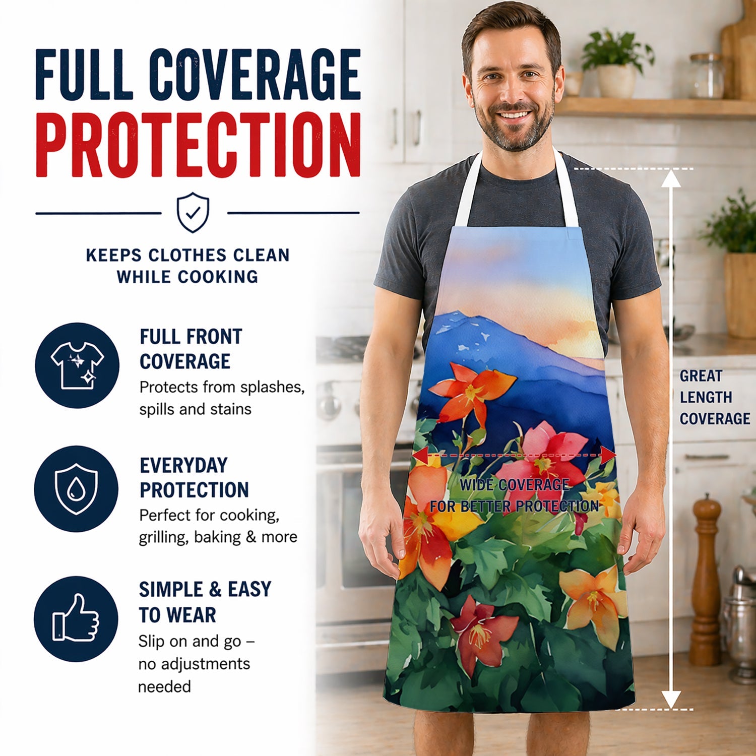 Colorado Rocky Mountain Columbine in Watercolor Apron Cooking Kitchen Server Baking Crafts Gardening for Adult Women Men, Unisex, Large, Multicolor