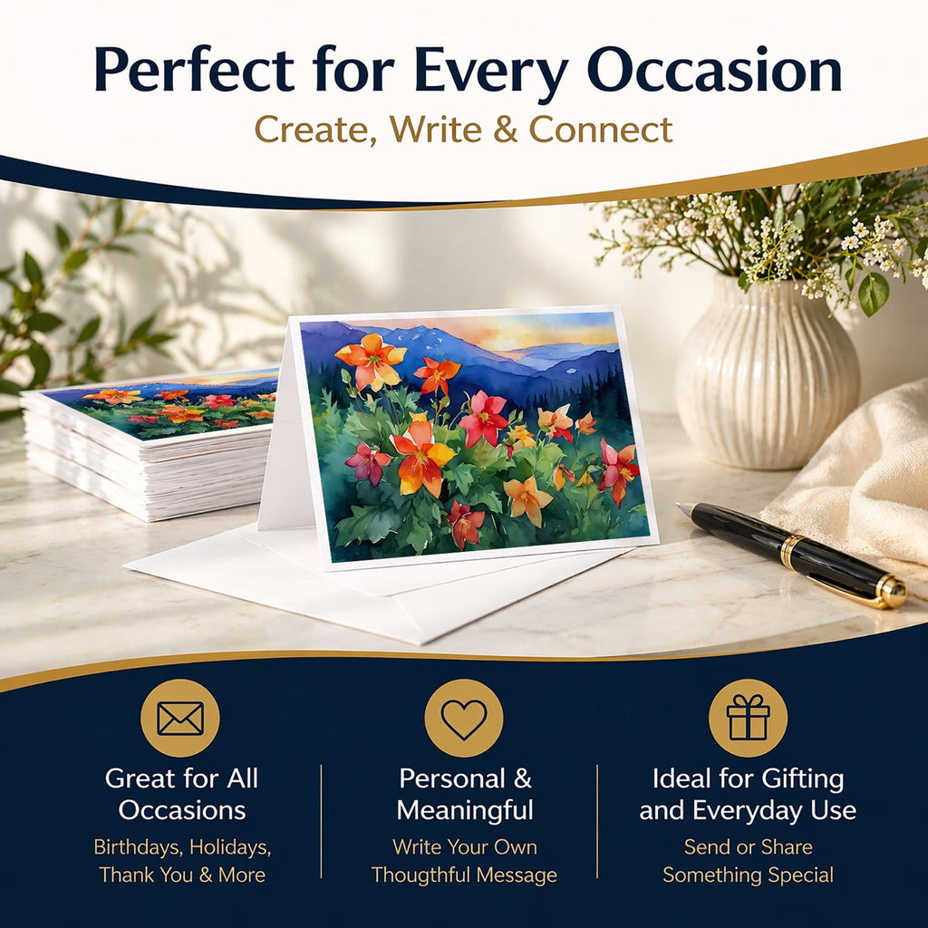 Colorado Rocky Mountain Columbine in Watercolor Greeting Cards Pack of 8 Blank Cards with Envelopes Whimsical A7 Size 5x7