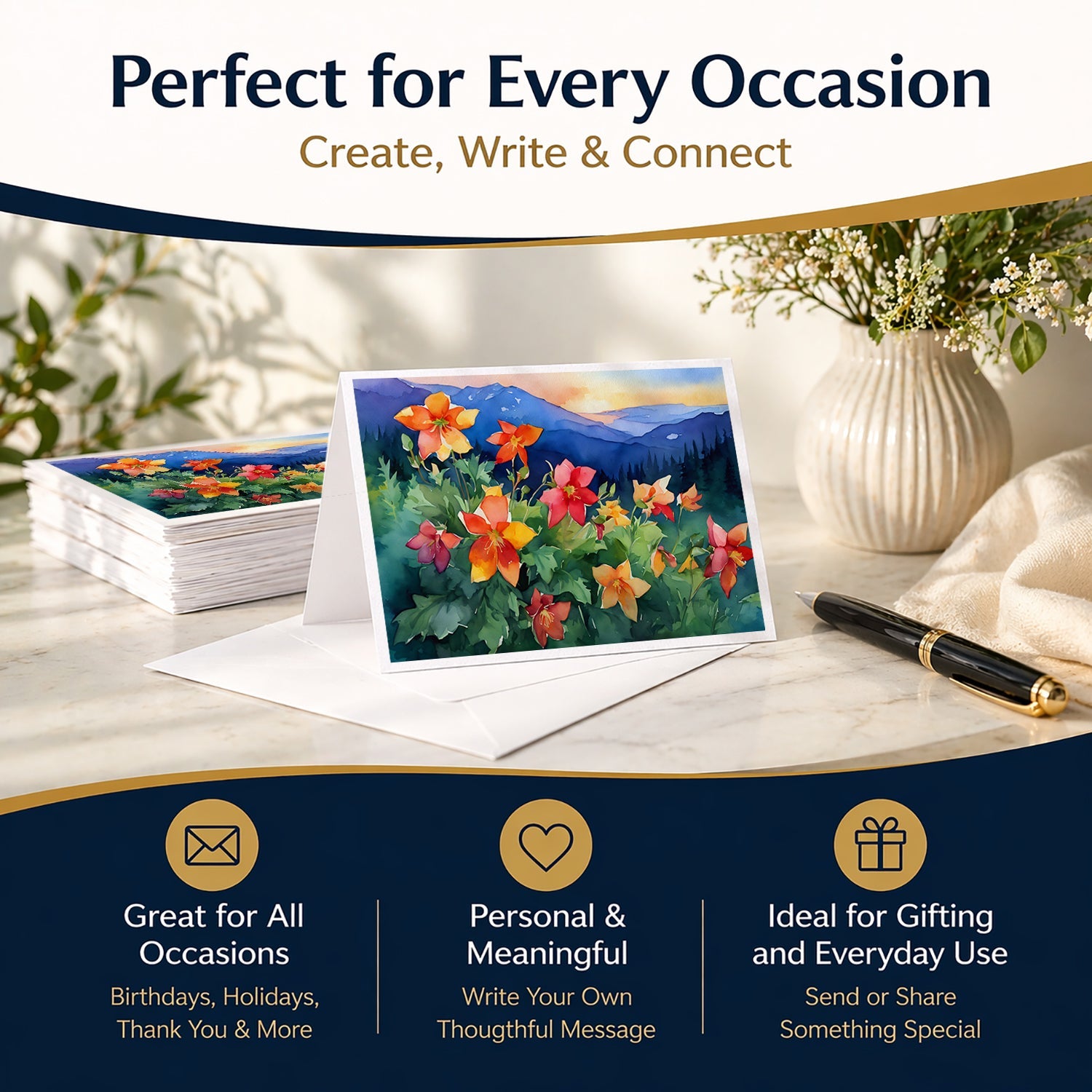 Colorado Rocky Mountain Columbine in Watercolor Greeting Cards Pack of 8 Blank Cards with Envelopes Whimsical A7 Size 5x7
