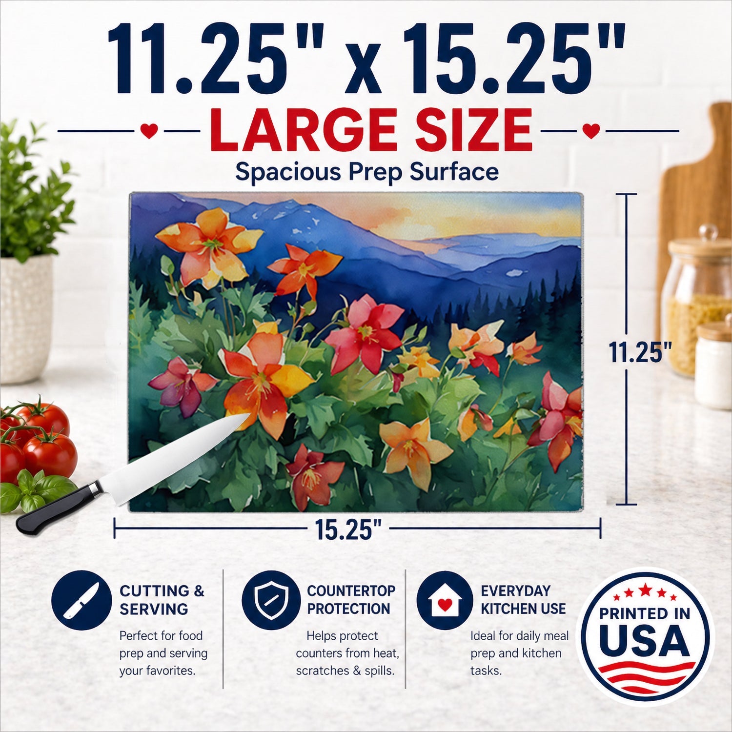 Colorado Rocky Mountain Columbine in Watercolor Cutting Board Tempered Glass Kitchen Cutting Surface, Heat Resistant Chopping, Non-Slip Feet, Food Prep & Serving