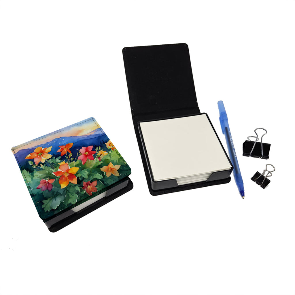 Colorado Rocky Mountain Columbine in Watercolor PU Leather Note Paper Holder with Artist-Designed Cover, Desk Accessory, Office Gift
