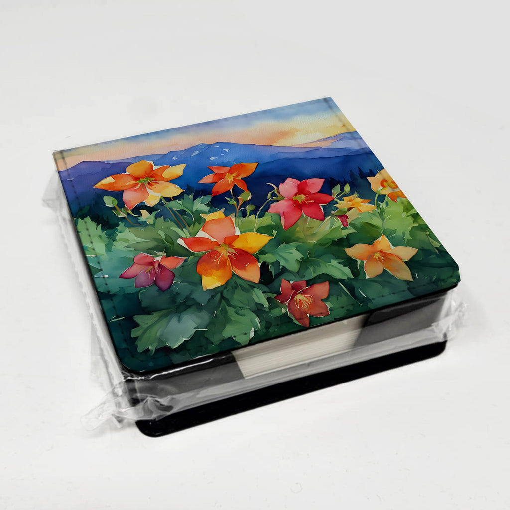 Colorado Rocky Mountain Columbine in Watercolor PU Leather Note Paper Holder with Artist-Designed Cover, Desk Accessory, Office Gift