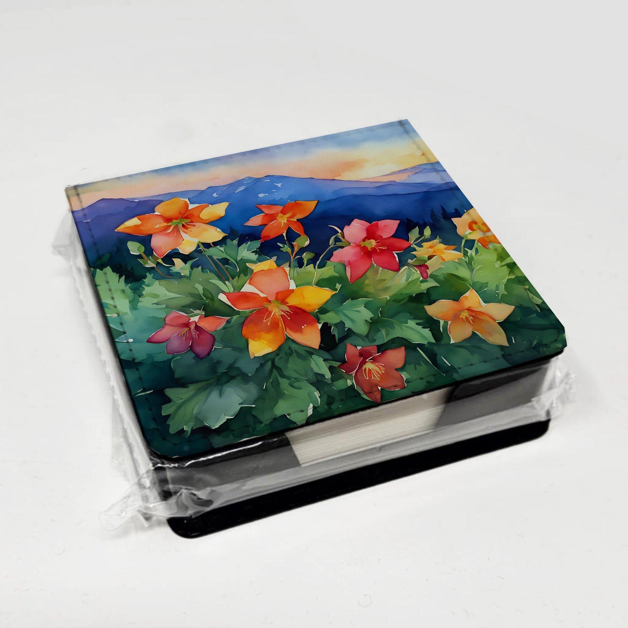 Colorado Rocky Mountain Columbine in Watercolor PU Leather Note Paper Holder with Artist-Designed Cover, Desk Accessory, Office Gift