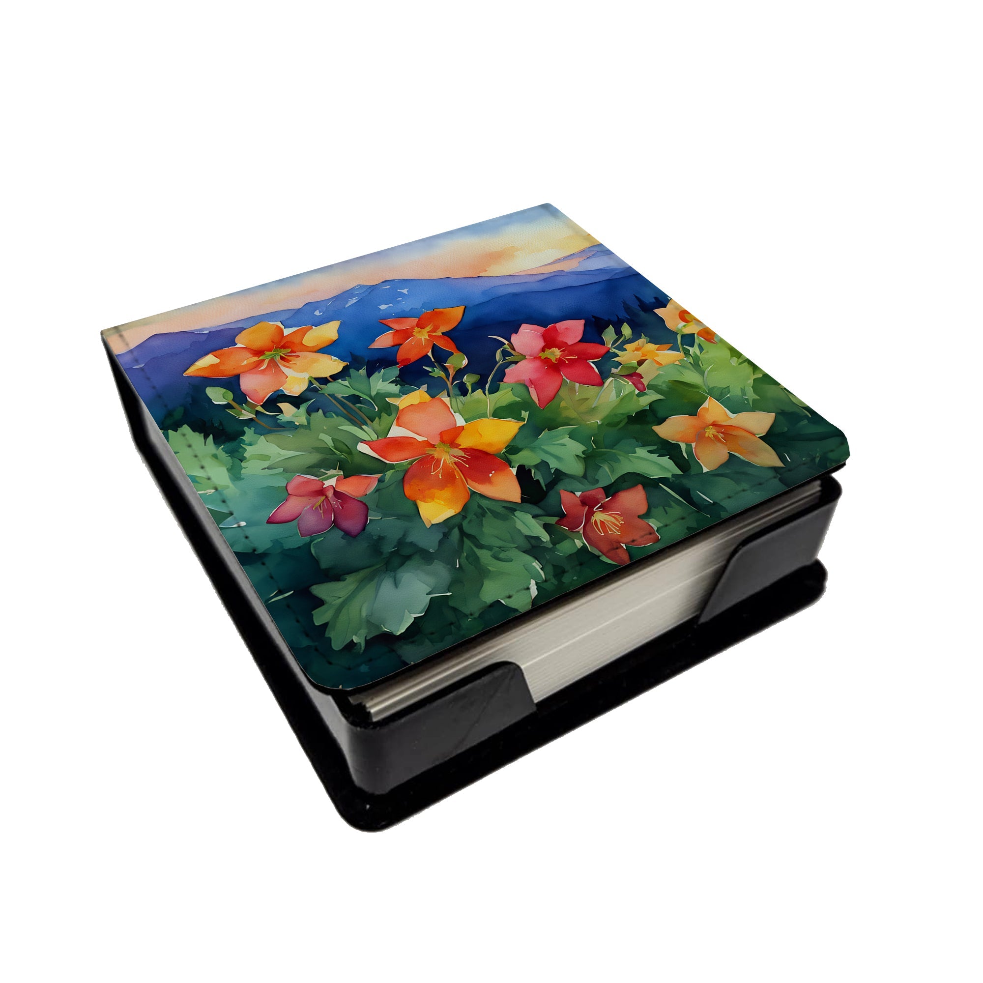 Colorado Rocky Mountain Columbine in Watercolor PU Leather Note Paper Holder with Artist-Designed Cover, Desk Accessory, Office Gift