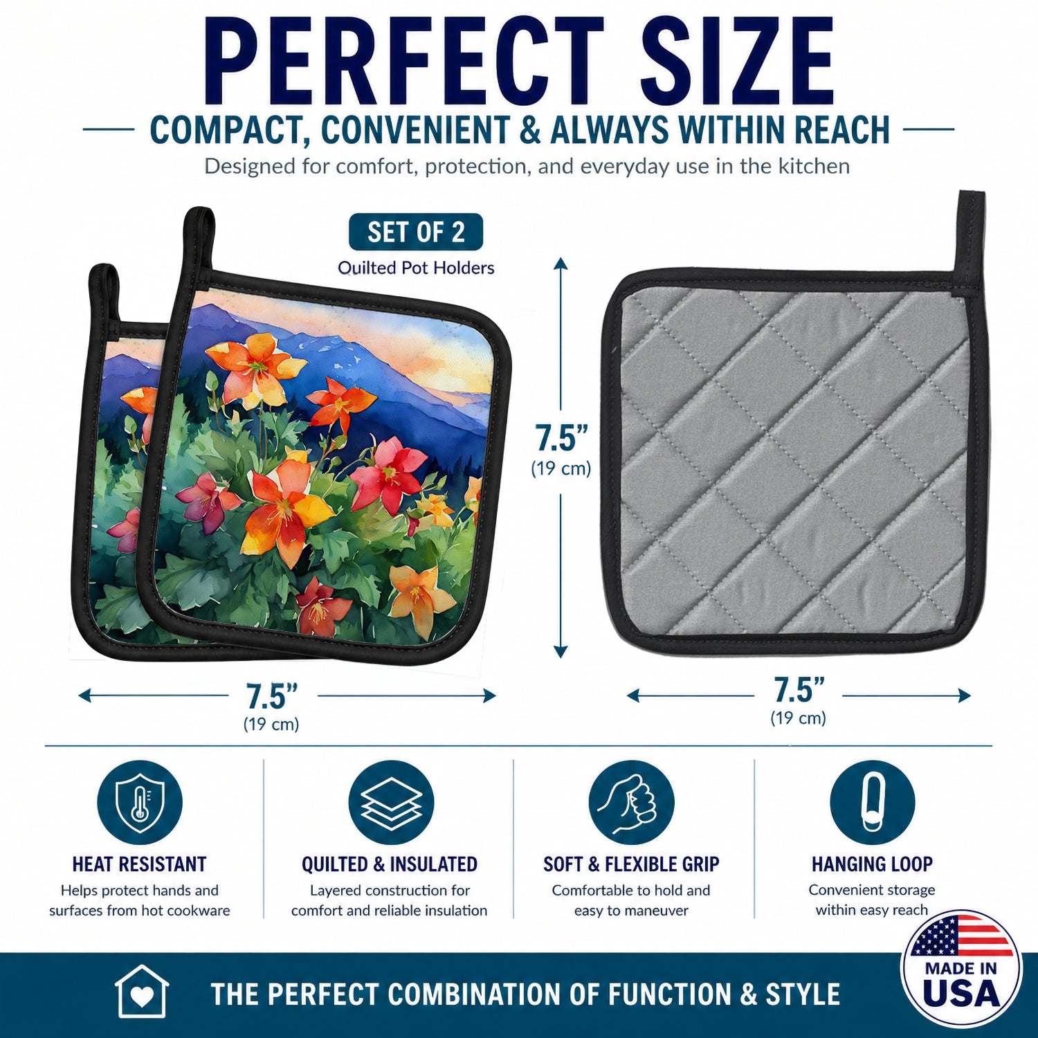 Colorado Rocky Mountain Columbine in Watercolor Pot Holder Set of 2 Heat Resistant Quilted Hot Pads 7.5 x 7.5 Inch, Insulated Kitchen Trivets for Cooking & Baking