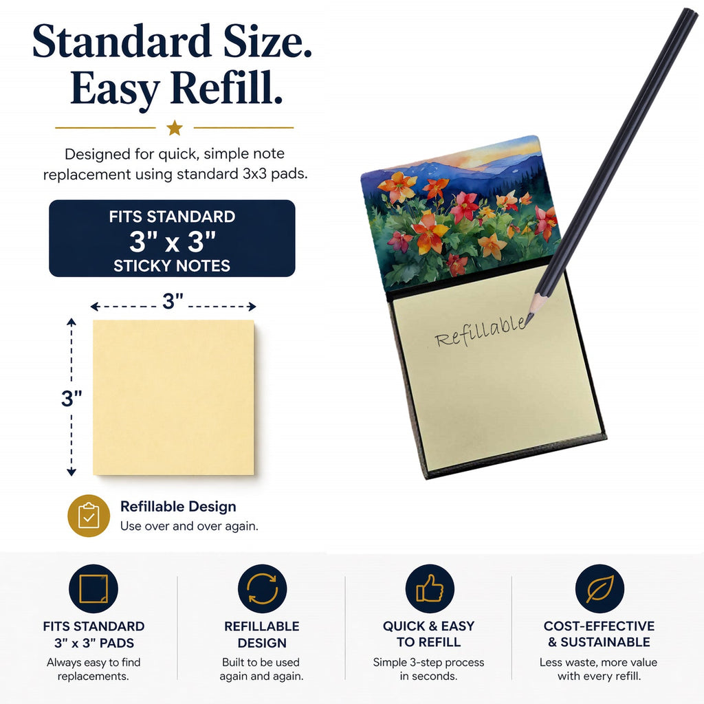 Colorado Rocky Mountain Columbine in Watercolor Watercolor Sticky Note Holder Refillable Dispenser Desk Accessory 3x3 Pad Gift