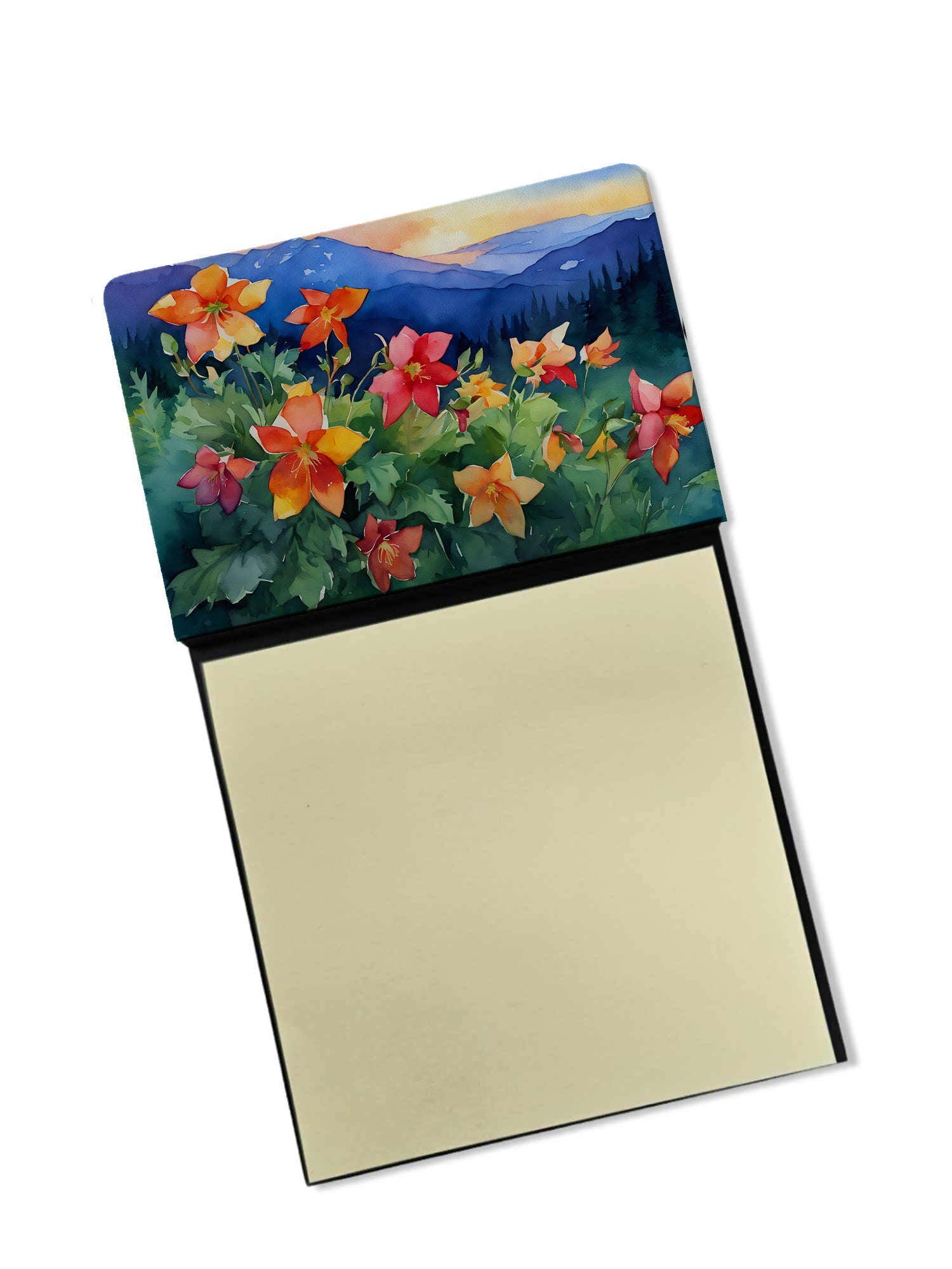 Colorado Rocky Mountain Columbine in Watercolor Watercolor Sticky Note Holder Refillable Dispenser Desk Accessory 3x3 Pad Gift