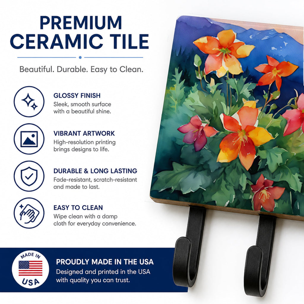 Colorado Rocky Mountain Columbine in Watercolor Leash or Key Holder Wall Hooks, Coat Rack Wall Mount, for Hanging Keys, Towels, Aprons, Leashes