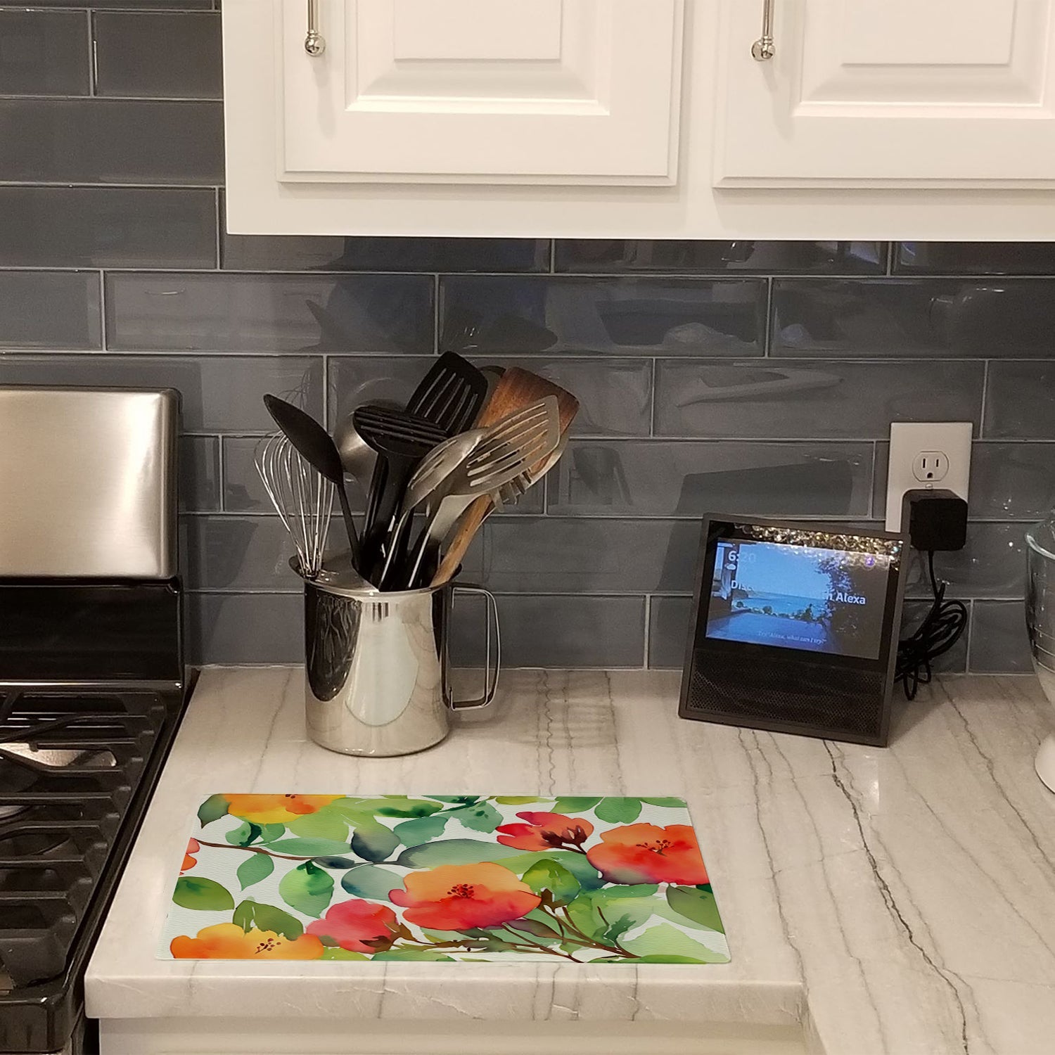 Connecticut Mountain Laurels in Watercolor Cutting Board Tempered Glass Kitchen Cutting Surface, Heat Resistant Chopping, Non-Slip Feet, Food Prep & Serving