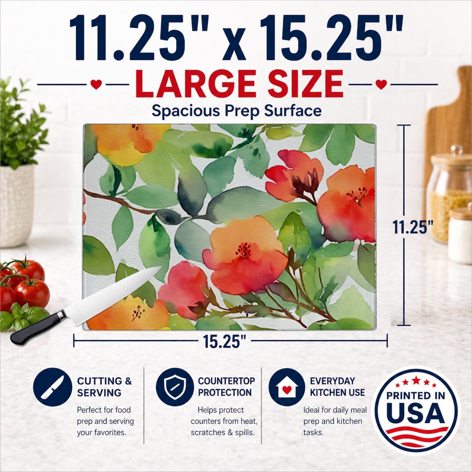 Connecticut Mountain Laurels in Watercolor Cutting Board Tempered Glass Kitchen Cutting Surface, Heat Resistant Chopping, Non-Slip Feet, Food Prep & Serving