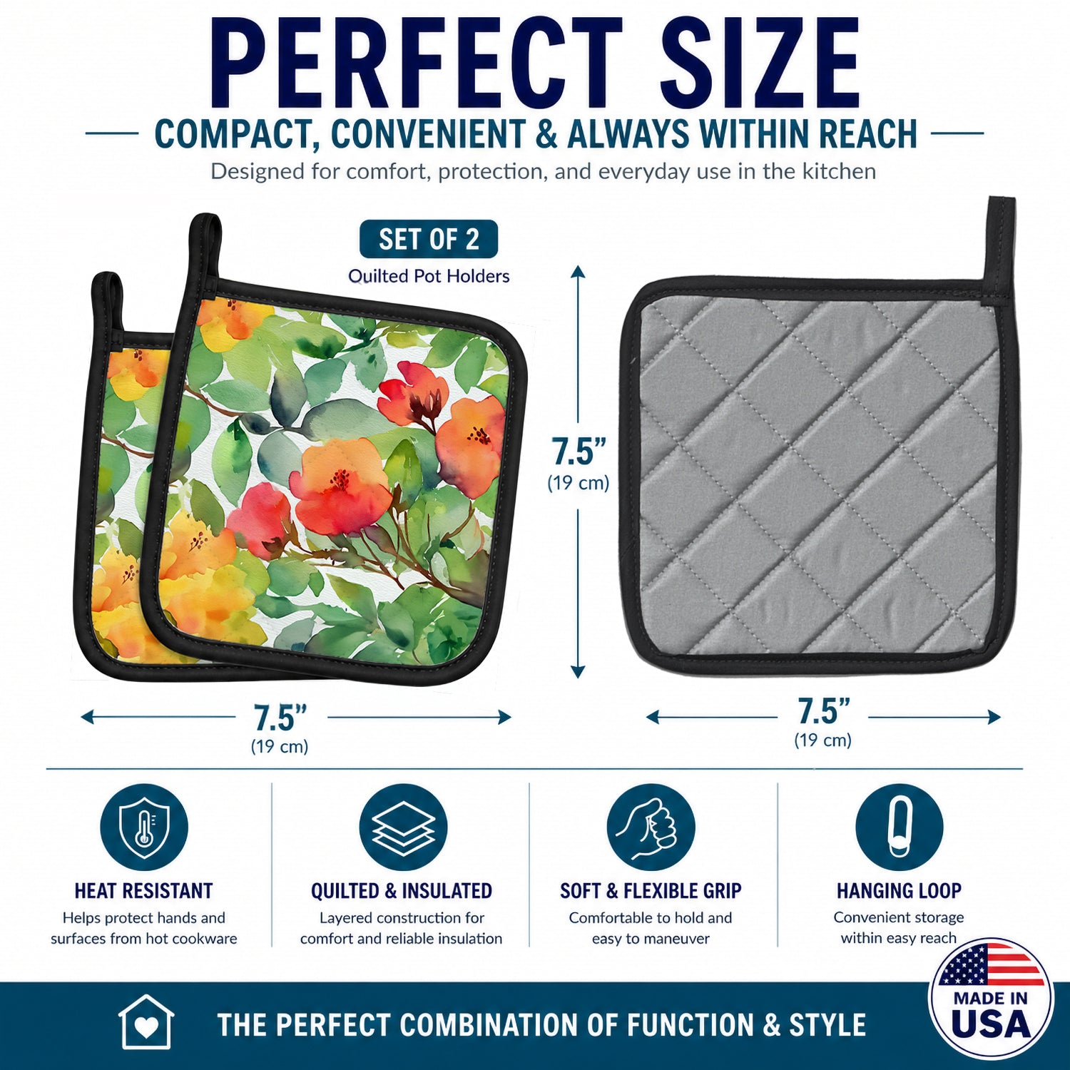 Connecticut Mountain Laurels in Watercolor Pot Holder Set of 2 Heat Resistant Quilted Hot Pads 7.5 x 7.5 Inch, Insulated Kitchen Trivets for Cooking & Baking