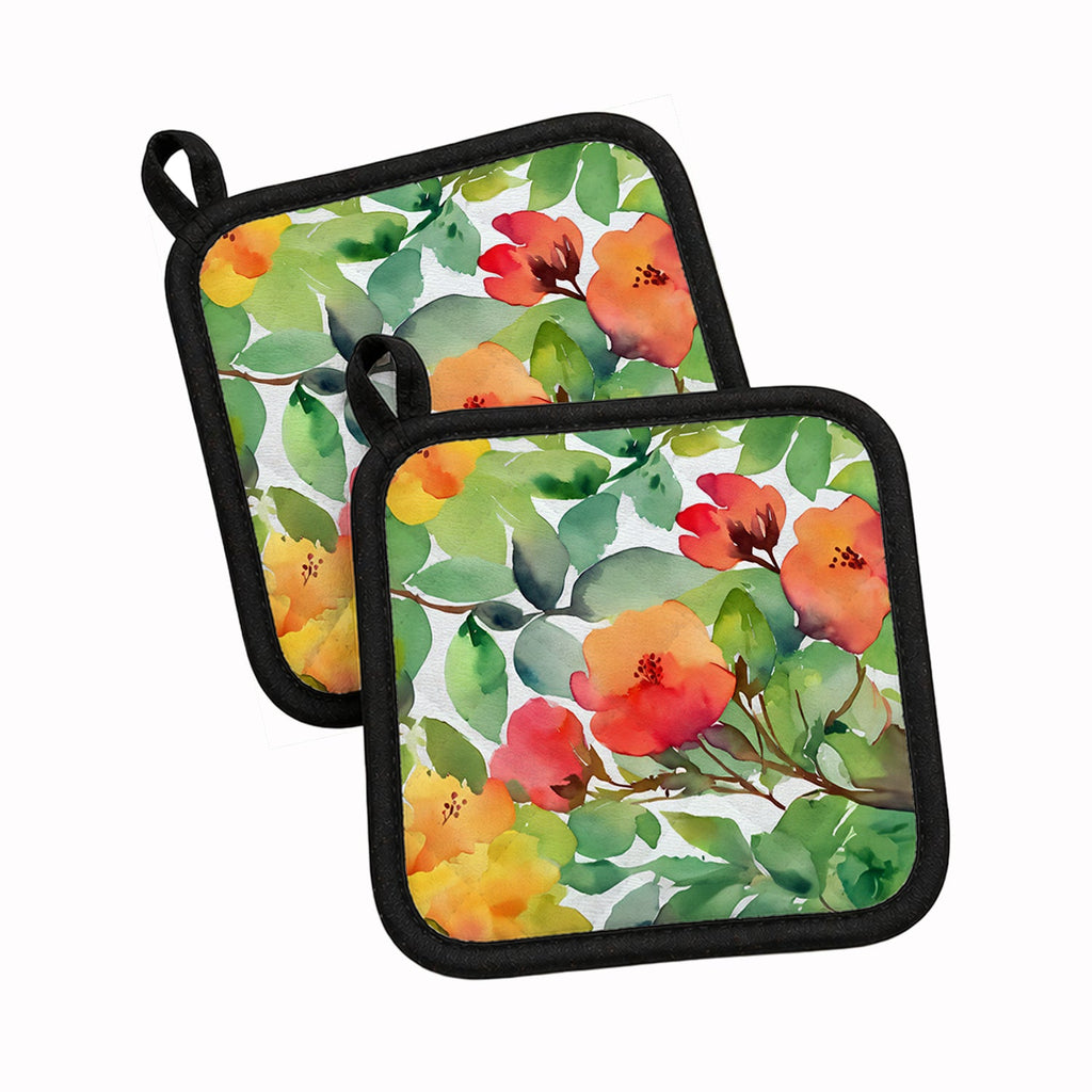 Connecticut Mountain Laurels in Watercolor Pot Holder Set of 2 Heat Resistant Quilted Hot Pads 7.5 x 7.5 Inch, Insulated Kitchen Trivets for Cooking & Baking