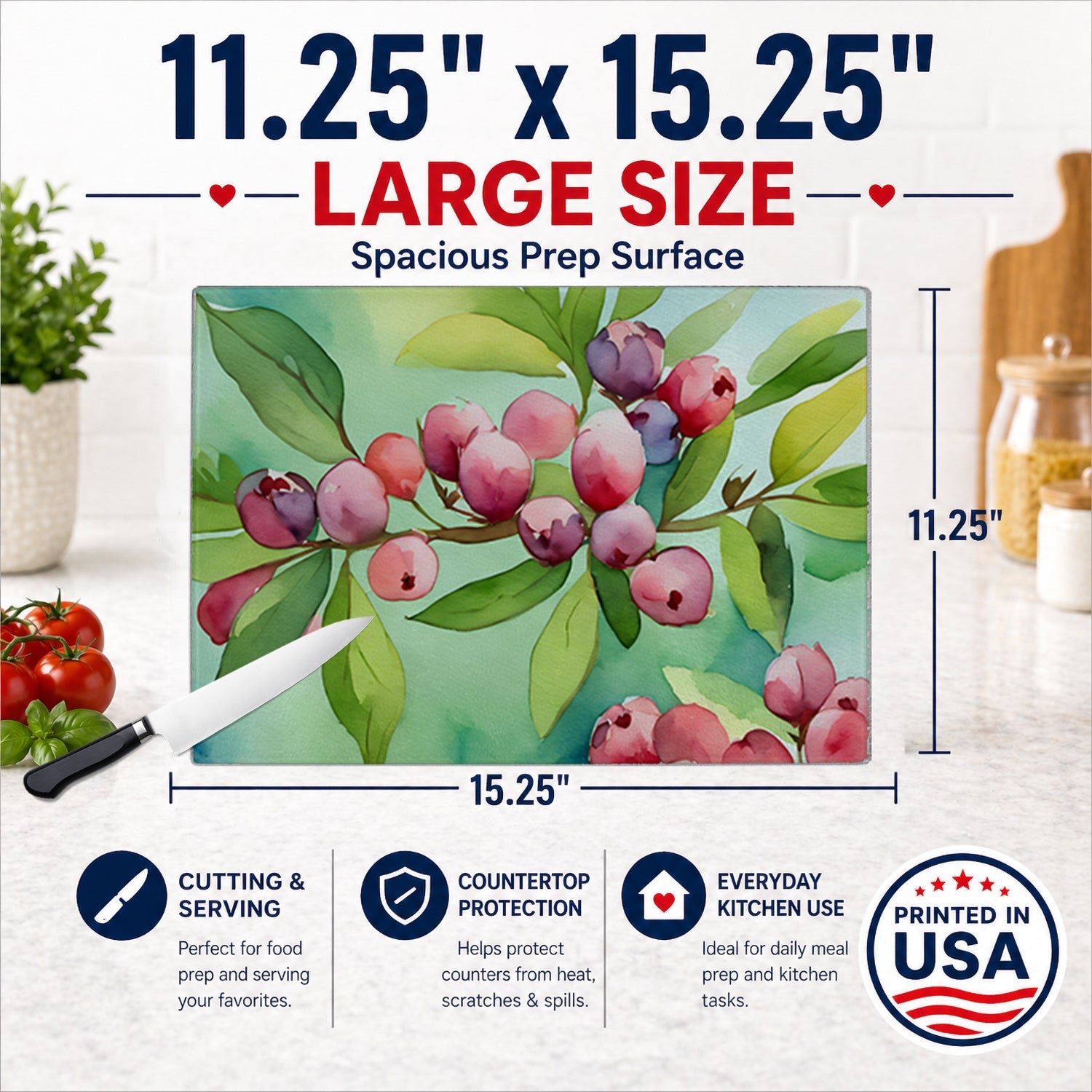Connecticut Mountain Laurels in Watercolor Cutting Board Tempered Glass Kitchen Cutting Surface, Heat Resistant Chopping, Non-Slip Feet, Food Prep & Serving