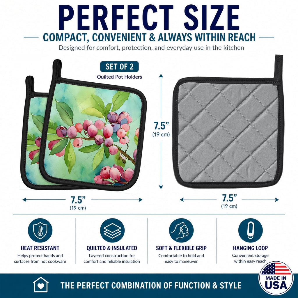 Connecticut Mountain Laurels in Watercolor Pot Holder Set of 2 Heat Resistant Quilted Hot Pads 7.5 x 7.5 Inch, Insulated Kitchen Trivets for Cooking & Baking