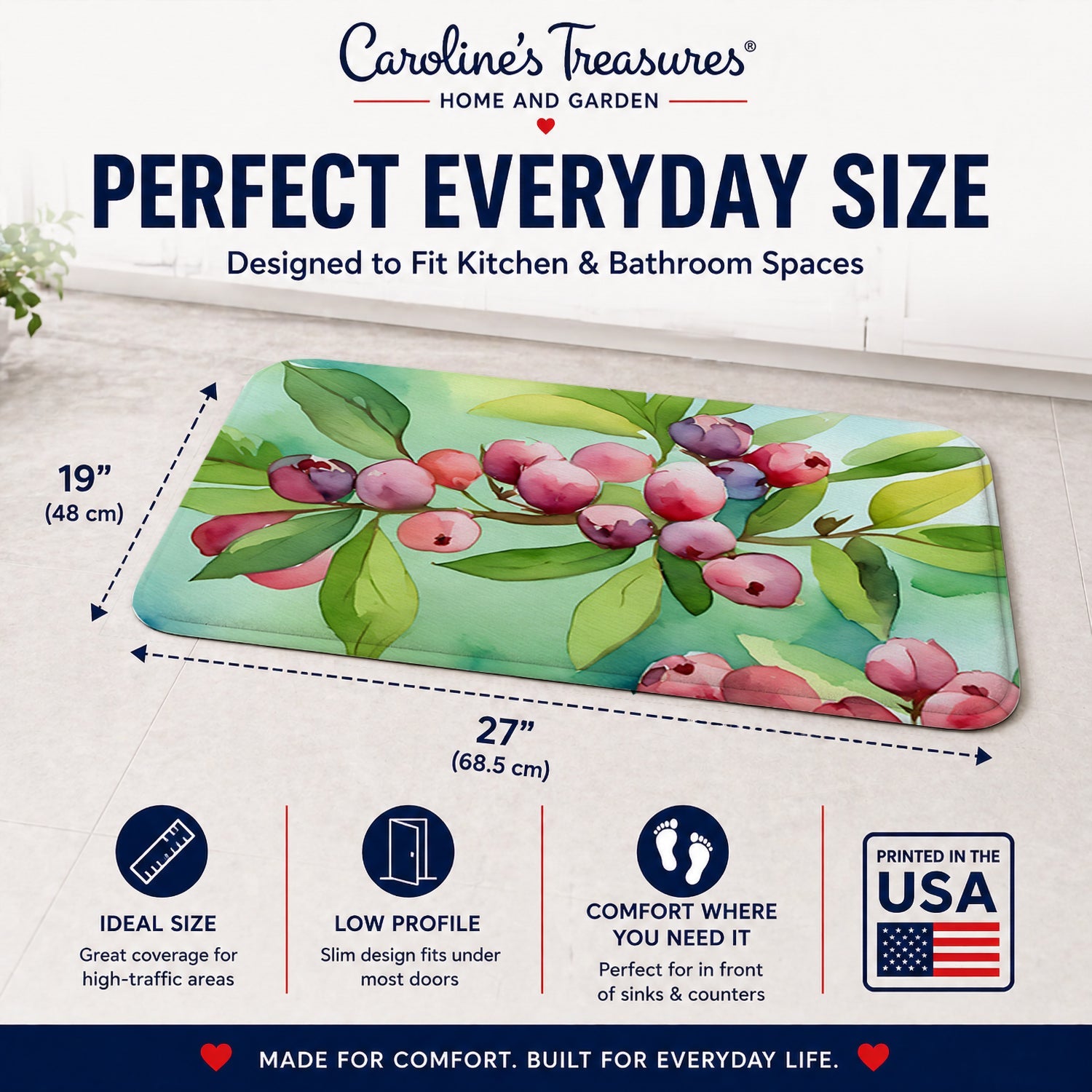 Connecticut Mountain Laurels in Watercolor Memory Foam Kitchen Mat Machine Washable Anti-Fatigue Cushion Comfort Bath or Kitchen Rug