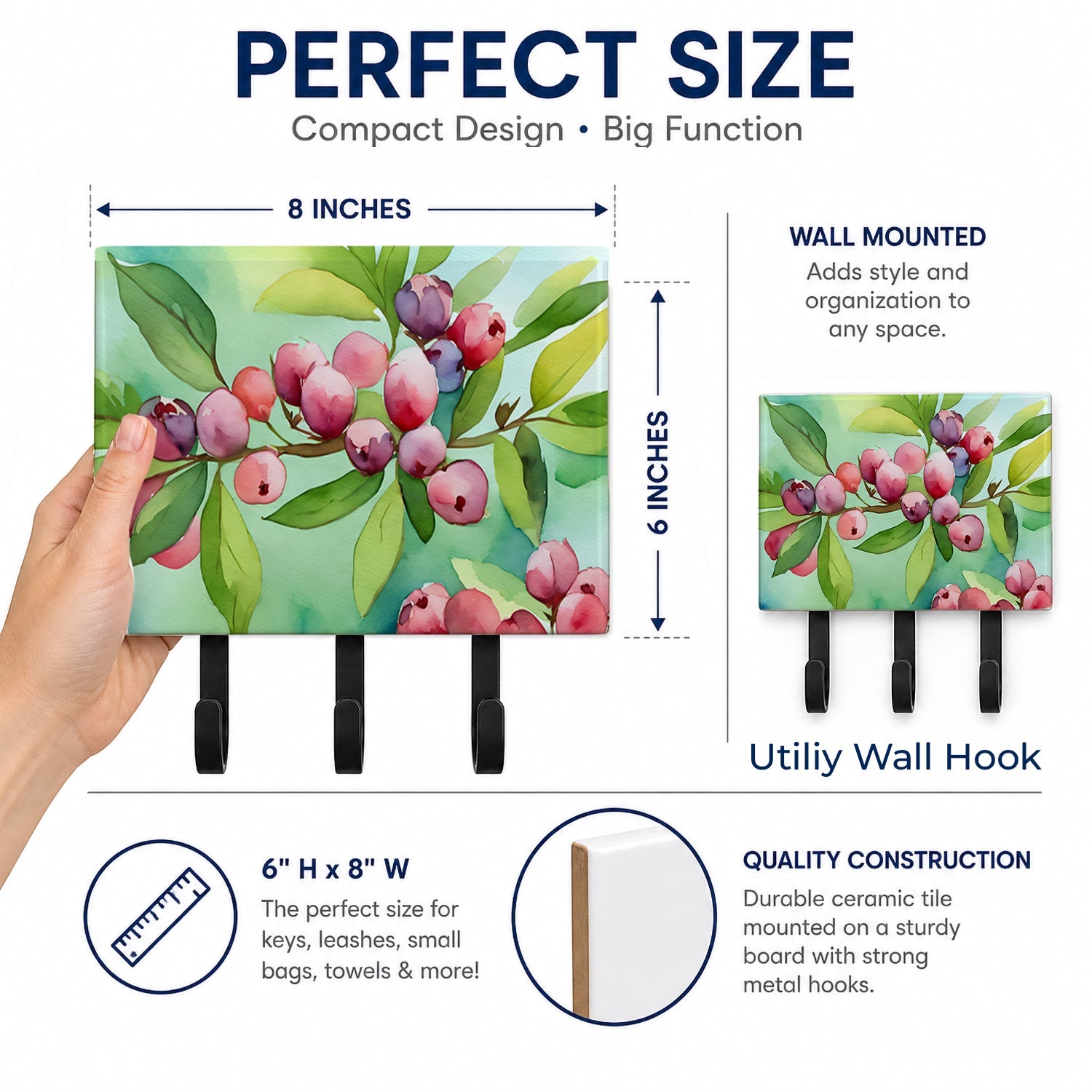Connecticut Mountain Laurels in Watercolor Leash or Key Holder Wall Hooks, Coat Rack Wall Mount, for Hanging Keys, Towels, Aprons, Leashes