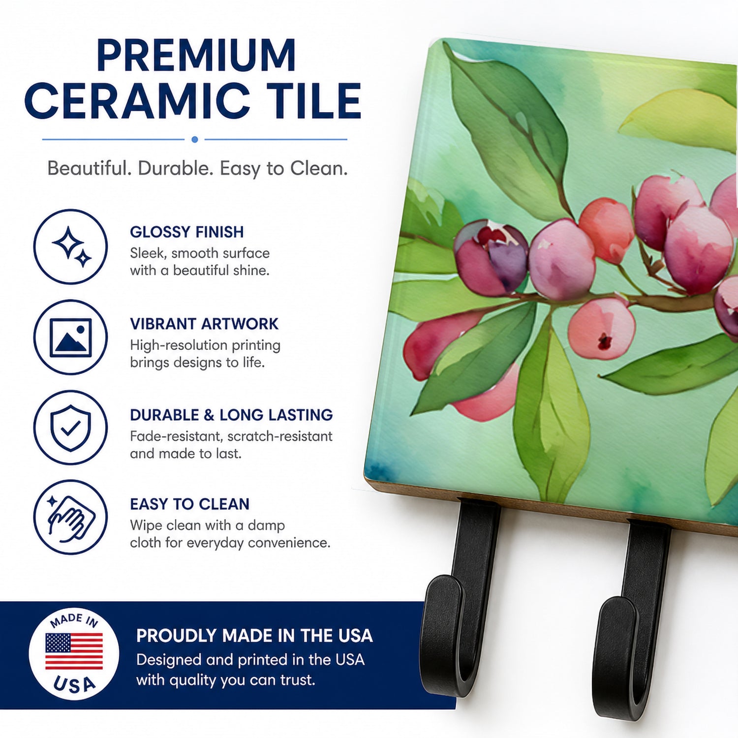 Connecticut Mountain Laurels in Watercolor Leash or Key Holder Wall Hooks, Coat Rack Wall Mount, for Hanging Keys, Towels, Aprons, Leashes