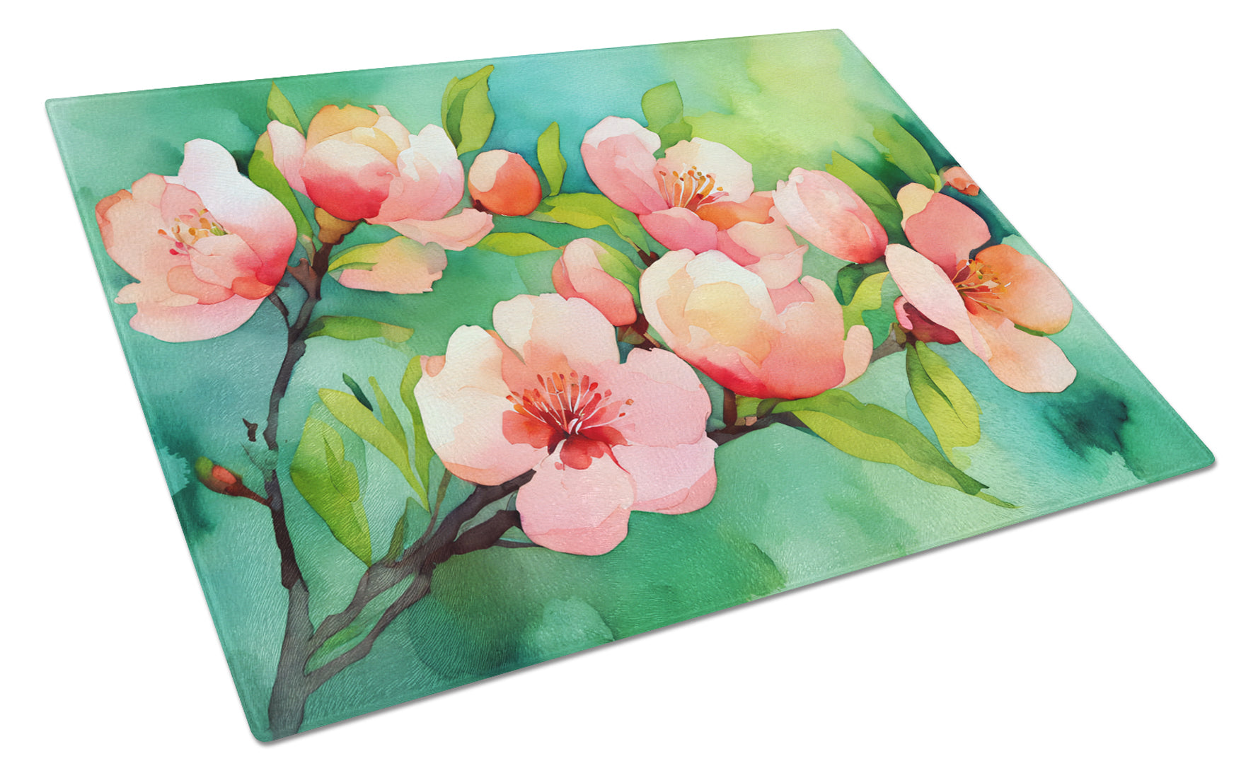 Delaware Peach Blossom in Watercolor Cutting Board Tempered Glass Kitchen Cutting Surface, Heat Resistant Chopping, Non-Slip Feet, Food Prep & Serving