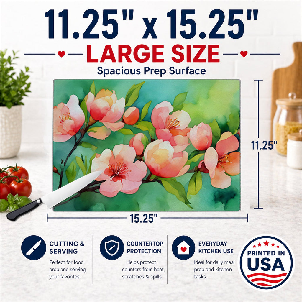 Delaware Peach Blossom in Watercolor Cutting Board Tempered Glass Kitchen Cutting Surface, Heat Resistant Chopping, Non-Slip Feet, Food Prep & Serving