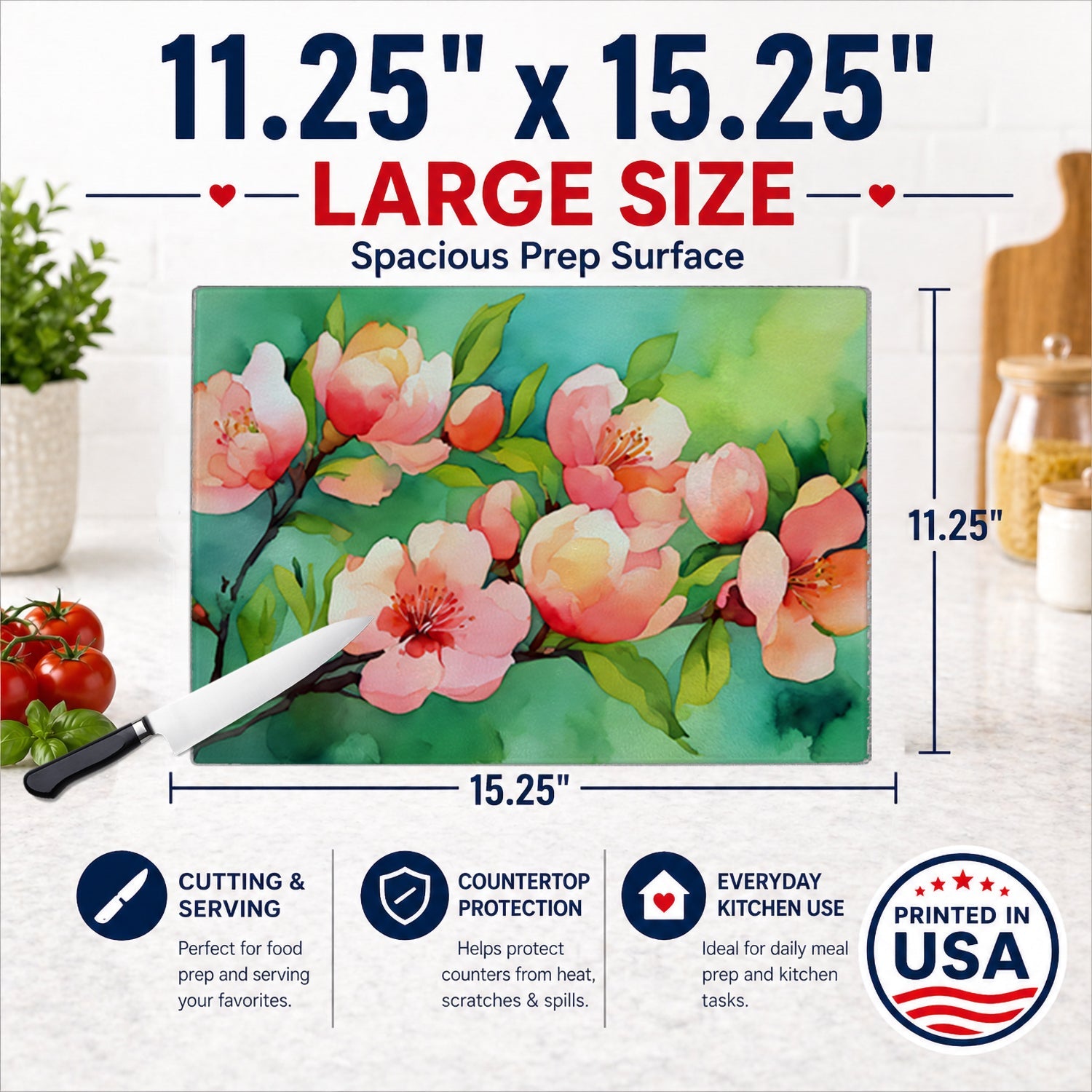 Delaware Peach Blossom in Watercolor Cutting Board Tempered Glass Kitchen Cutting Surface, Heat Resistant Chopping, Non-Slip Feet, Food Prep & Serving