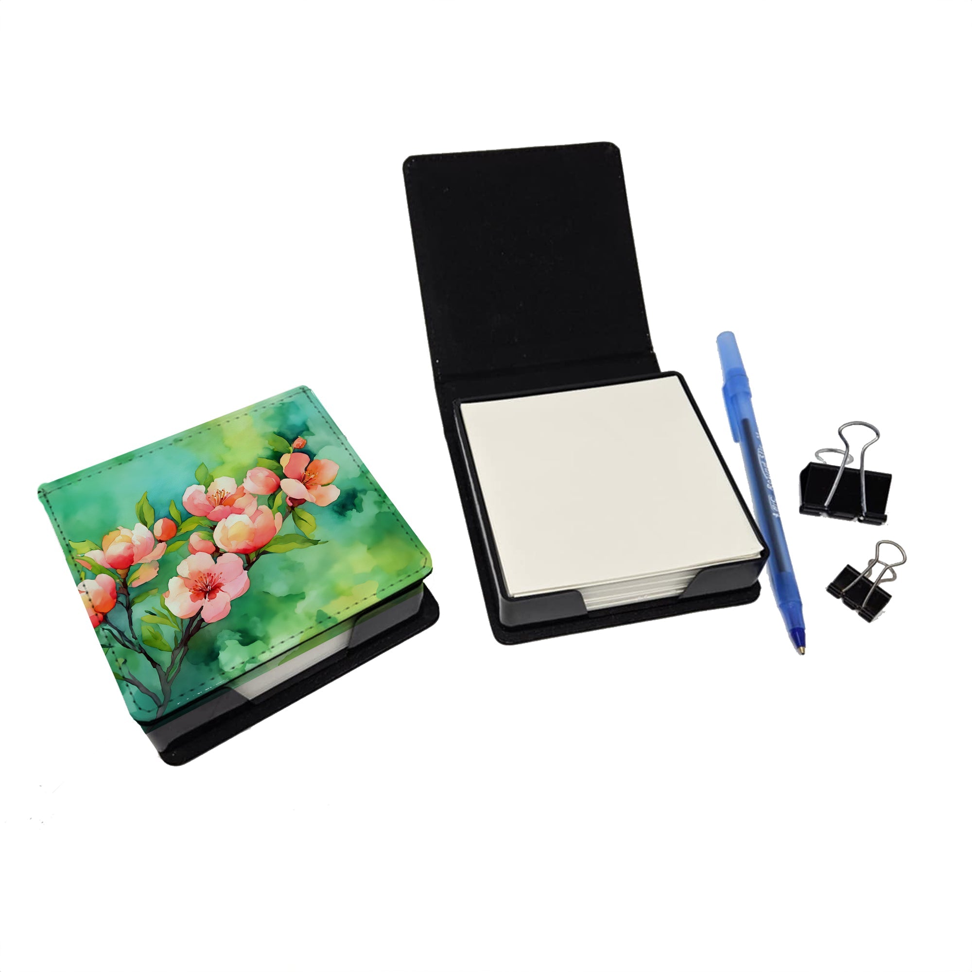 Delaware Peach Blossom in Watercolor PU Leather Note Paper Holder with Artist-Designed Cover, Desk Accessory, Office Gift
