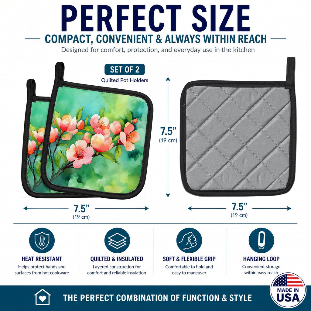 Delaware Peach Blossom in Watercolor Pot Holder Set of 2 Heat Resistant Quilted Hot Pads 7.5 x 7.5 Inch, Insulated Kitchen Trivets for Cooking & Baking