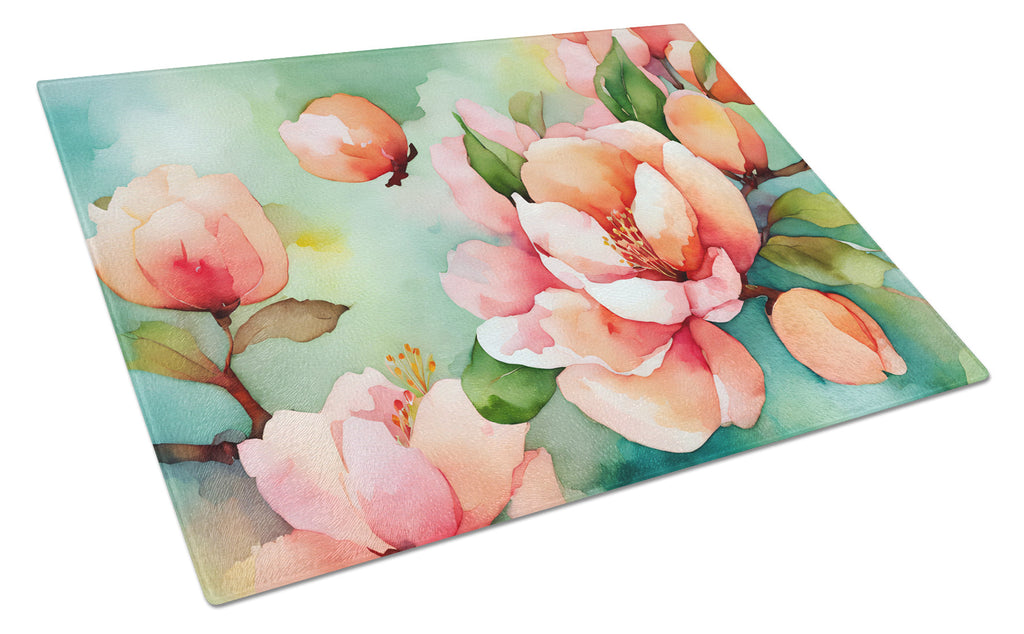 Delaware Peach Blossom in Watercolor Cutting Board Tempered Glass Kitchen Cutting Surface, Heat Resistant Chopping, Non-Slip Feet, Food Prep & Serving