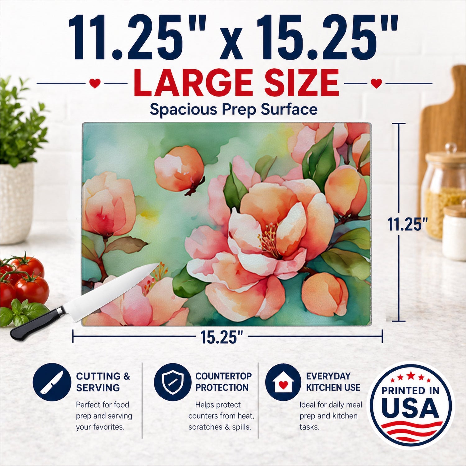 Delaware Peach Blossom in Watercolor Cutting Board Tempered Glass Kitchen Cutting Surface, Heat Resistant Chopping, Non-Slip Feet, Food Prep & Serving