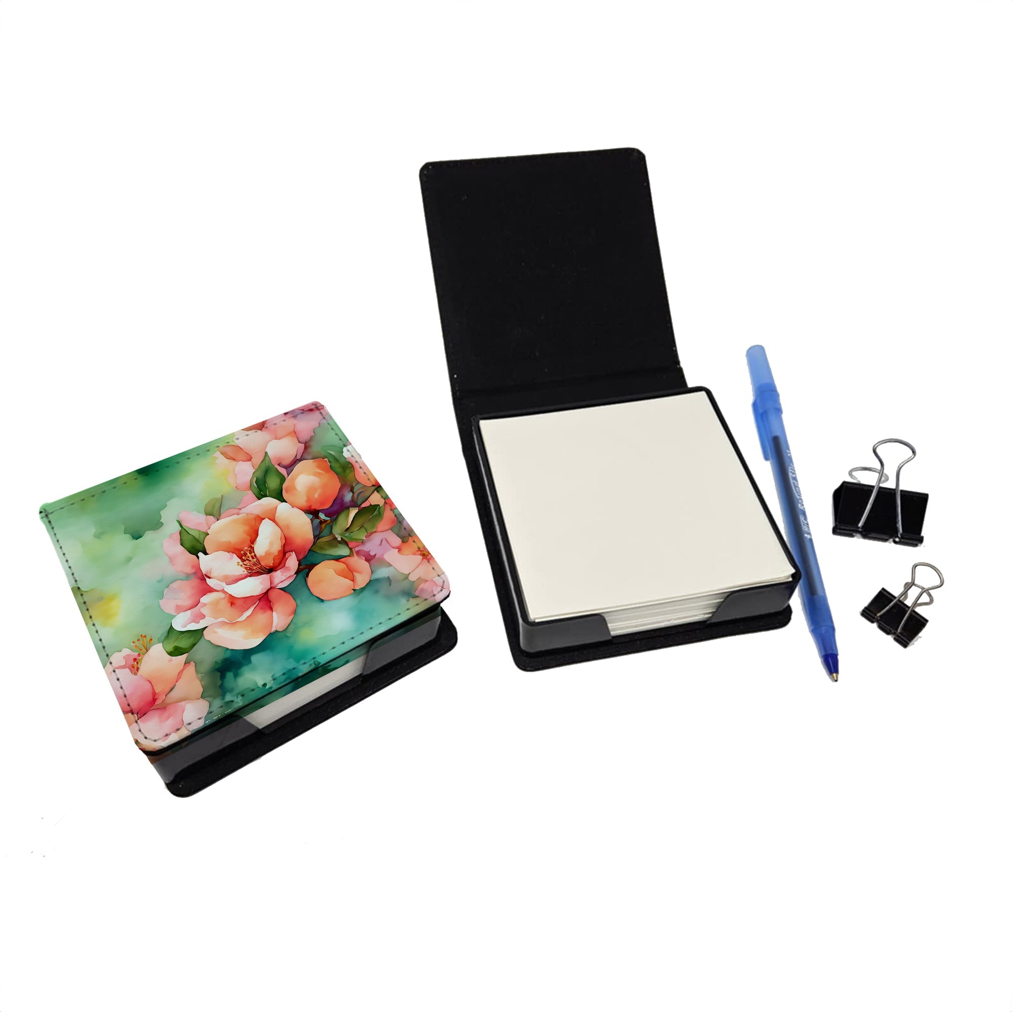Delaware Peach Blossom in Watercolor PU Leather Note Paper Holder with Artist-Designed Cover, Desk Accessory, Office Gift
