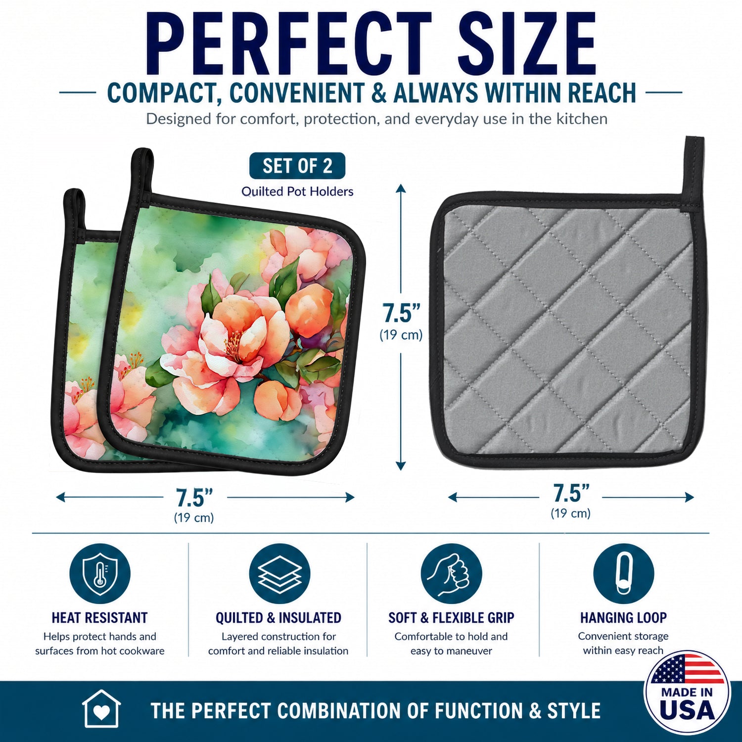 Delaware Peach Blossom in Watercolor Pot Holder Set of 2 Heat Resistant Quilted Hot Pads 7.5 x 7.5 Inch, Insulated Kitchen Trivets for Cooking & Baking