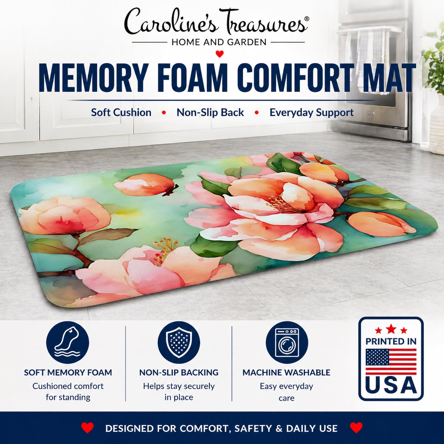 Delaware Peach Blossom in Watercolor Memory Foam Kitchen Mat Machine Washable Anti-Fatigue Cushion Comfort Bath or Kitchen Rug