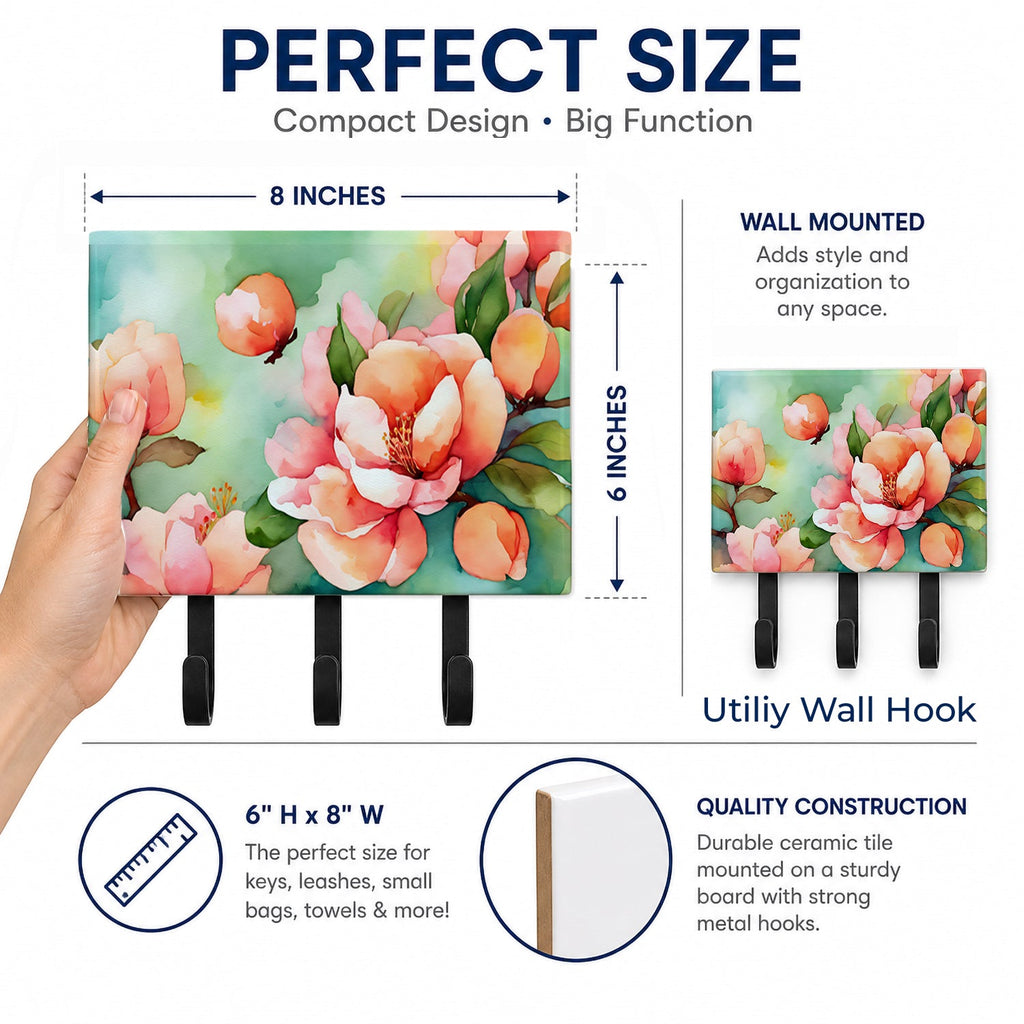 Delaware Peach Blossom in Watercolor Leash or Key Holder Wall Hooks, Coat Rack Wall Mount, for Hanging Keys, Towels, Aprons, Leashes