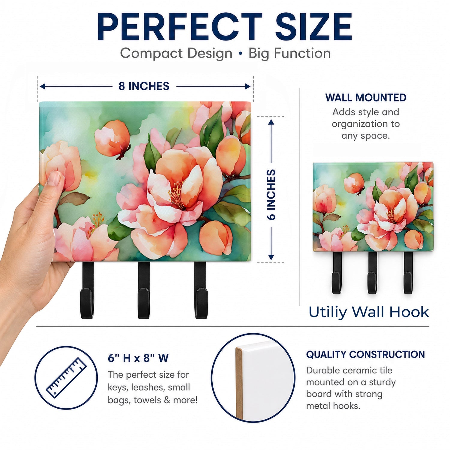 Delaware Peach Blossom in Watercolor Leash or Key Holder Wall Hooks, Coat Rack Wall Mount, for Hanging Keys, Towels, Aprons, Leashes