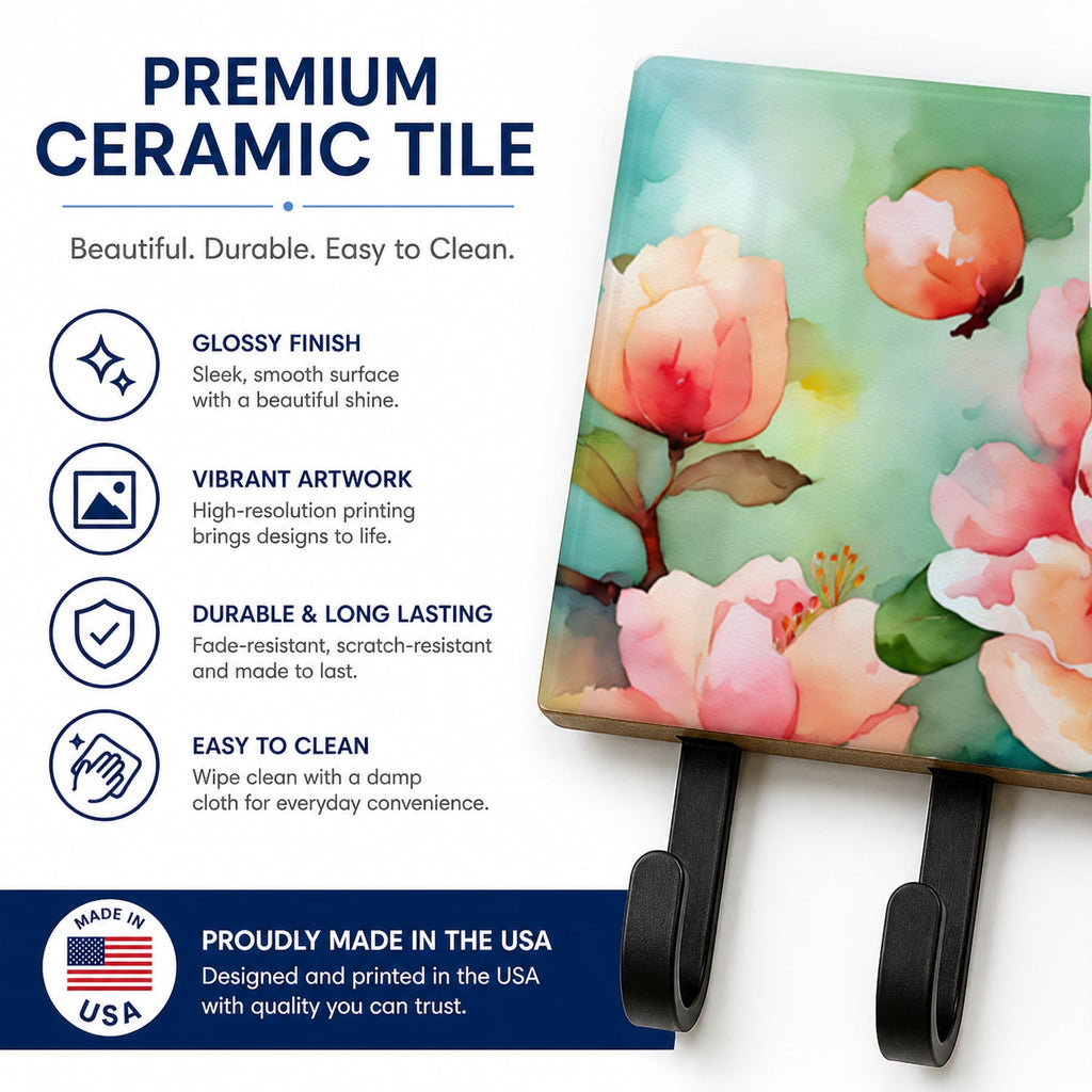 Delaware Peach Blossom in Watercolor Leash or Key Holder Wall Hooks, Coat Rack Wall Mount, for Hanging Keys, Towels, Aprons, Leashes