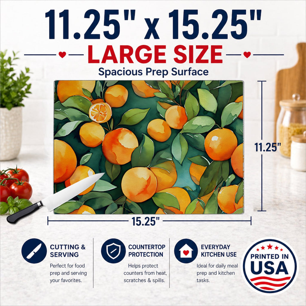 Florida Orange Blossom in Watercolor Cutting Board Tempered Glass Kitchen Cutting Surface, Heat Resistant Chopping, Non-Slip Feet, Food Prep & Serving
