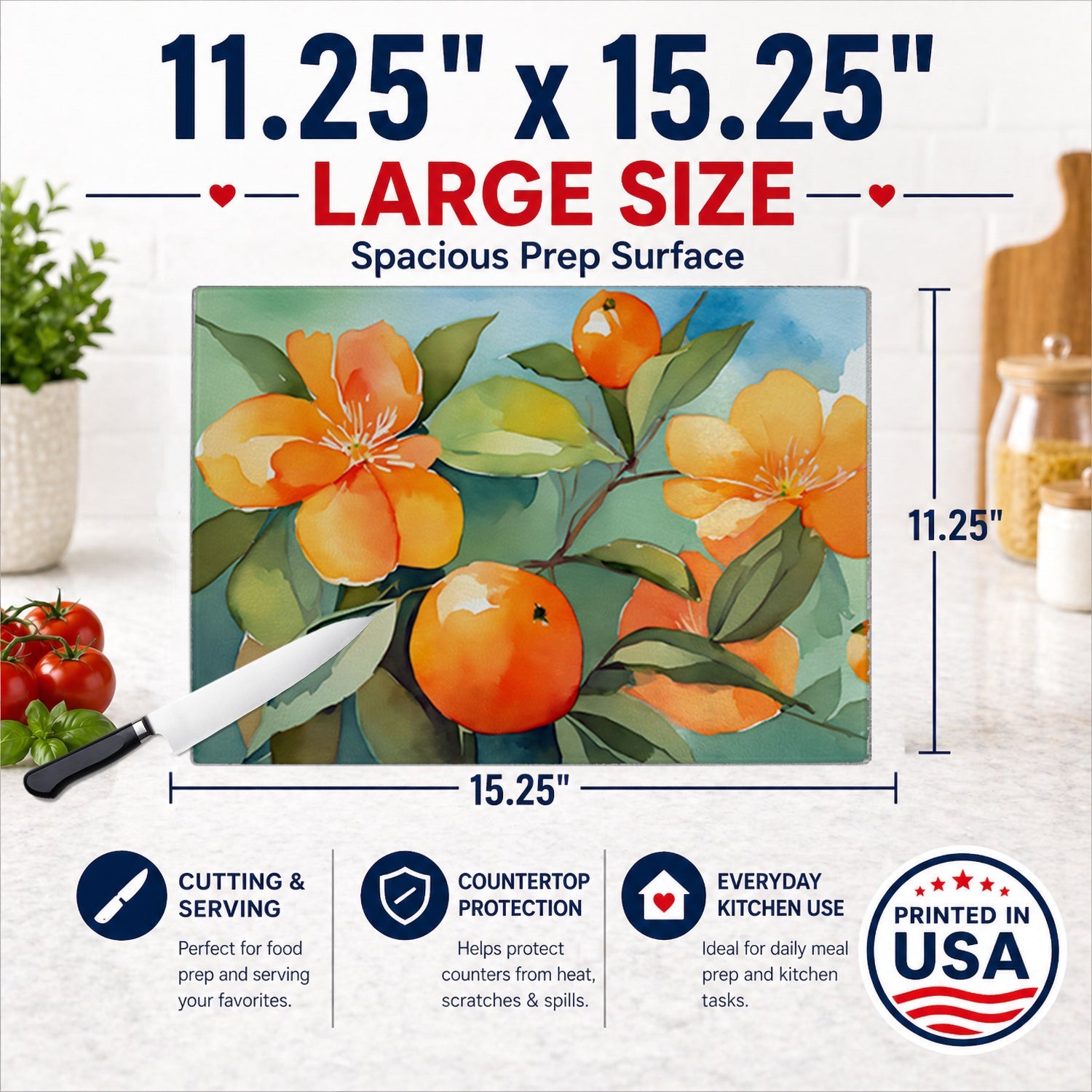 Florida Orange Blossom in Watercolor Cutting Board Tempered Glass Kitchen Cutting Surface, Heat Resistant Chopping, Non-Slip Feet, Food Prep & Serving