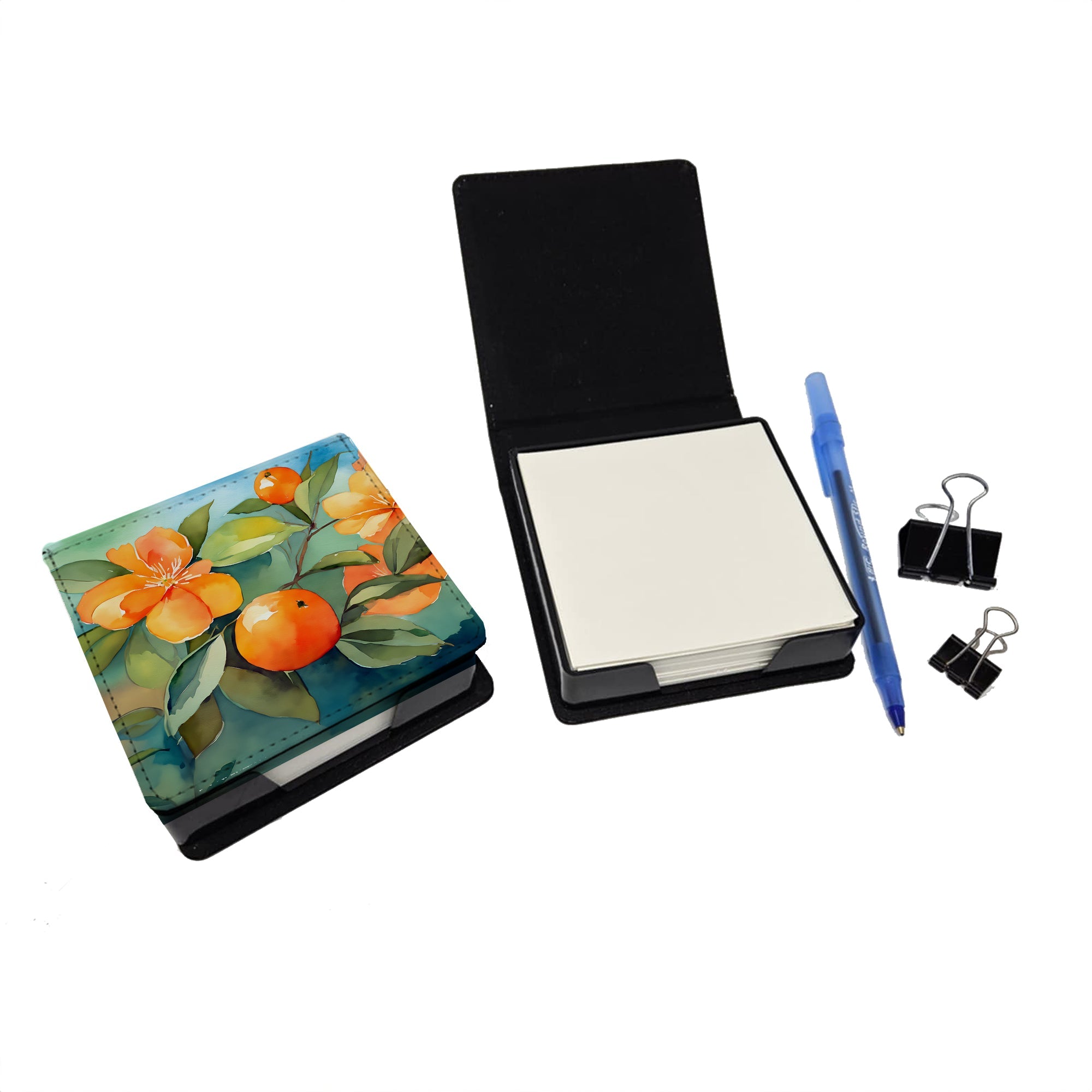 Florida Orange Blossom in Watercolor PU Leather Note Paper Holder with Artist-Designed Cover, Desk Accessory, Office Gift