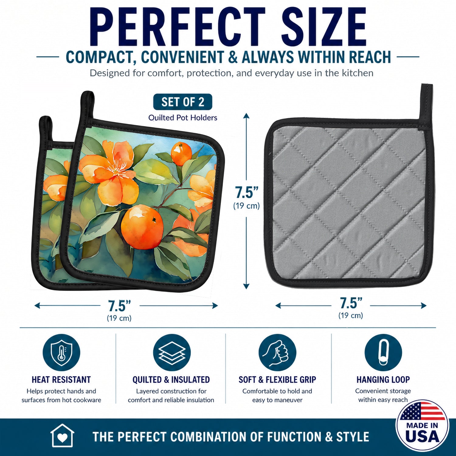Florida Orange Blossom in Watercolor Pot Holder Set of 2 Heat Resistant Quilted Hot Pads 7.5 x 7.5 Inch, Insulated Kitchen Trivets for Cooking & Baking