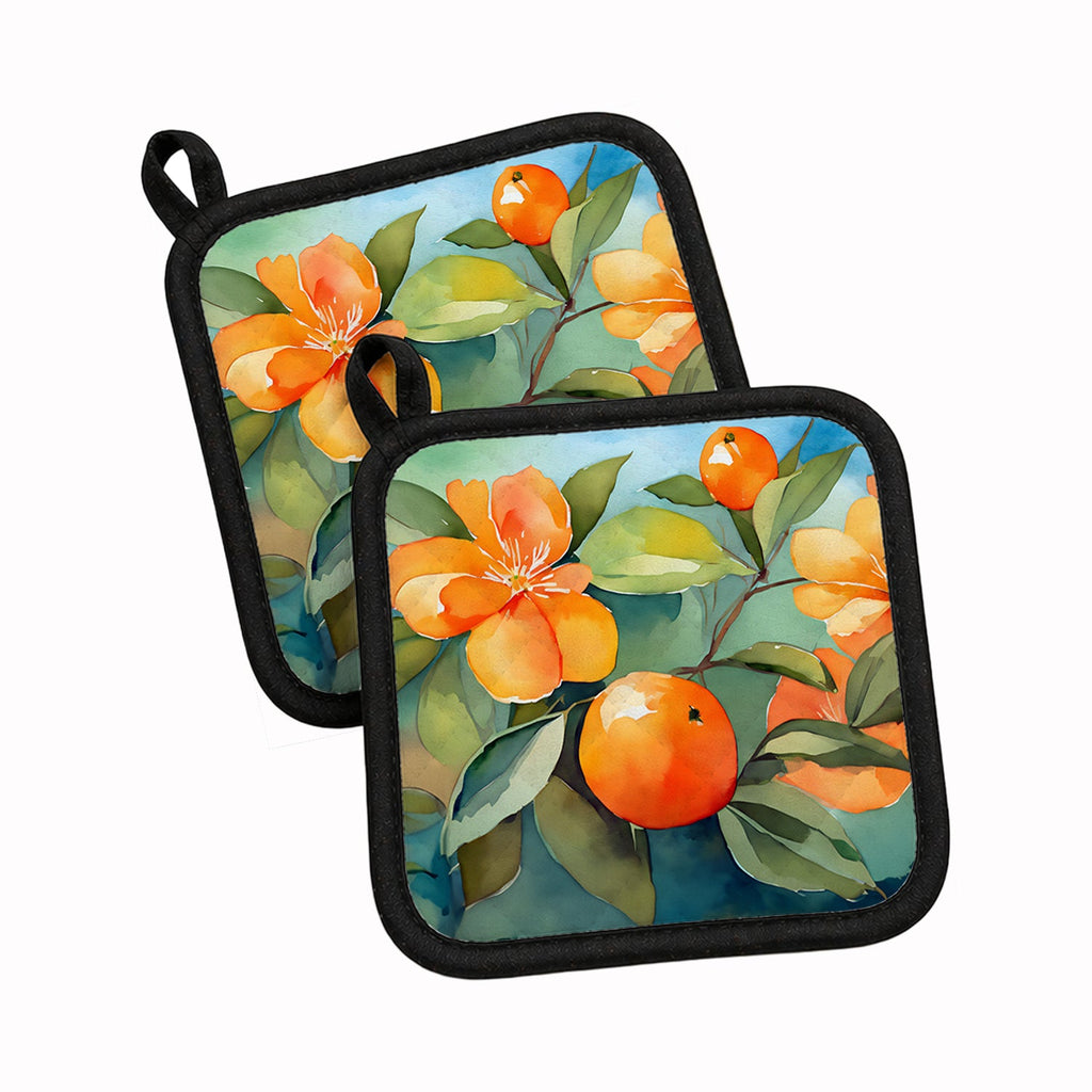 Florida Orange Blossom in Watercolor Pot Holder Set of 2 Heat Resistant Quilted Hot Pads 7.5 x 7.5 Inch, Insulated Kitchen Trivets for Cooking & Baking