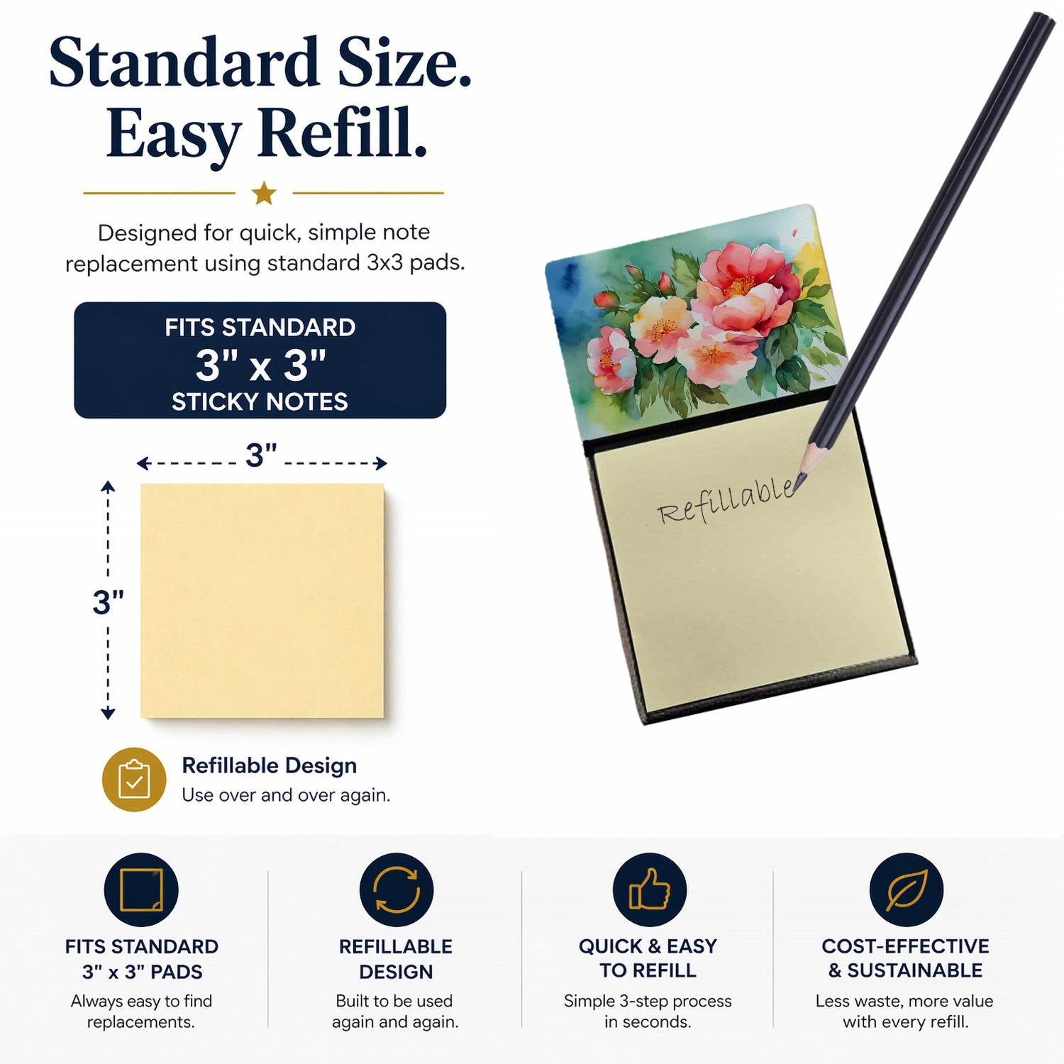 Georgia Cherokee Rose in Watercolor Watercolor Sticky Note Holder Refillable Dispenser Desk Accessory 3x3 Pad Gift